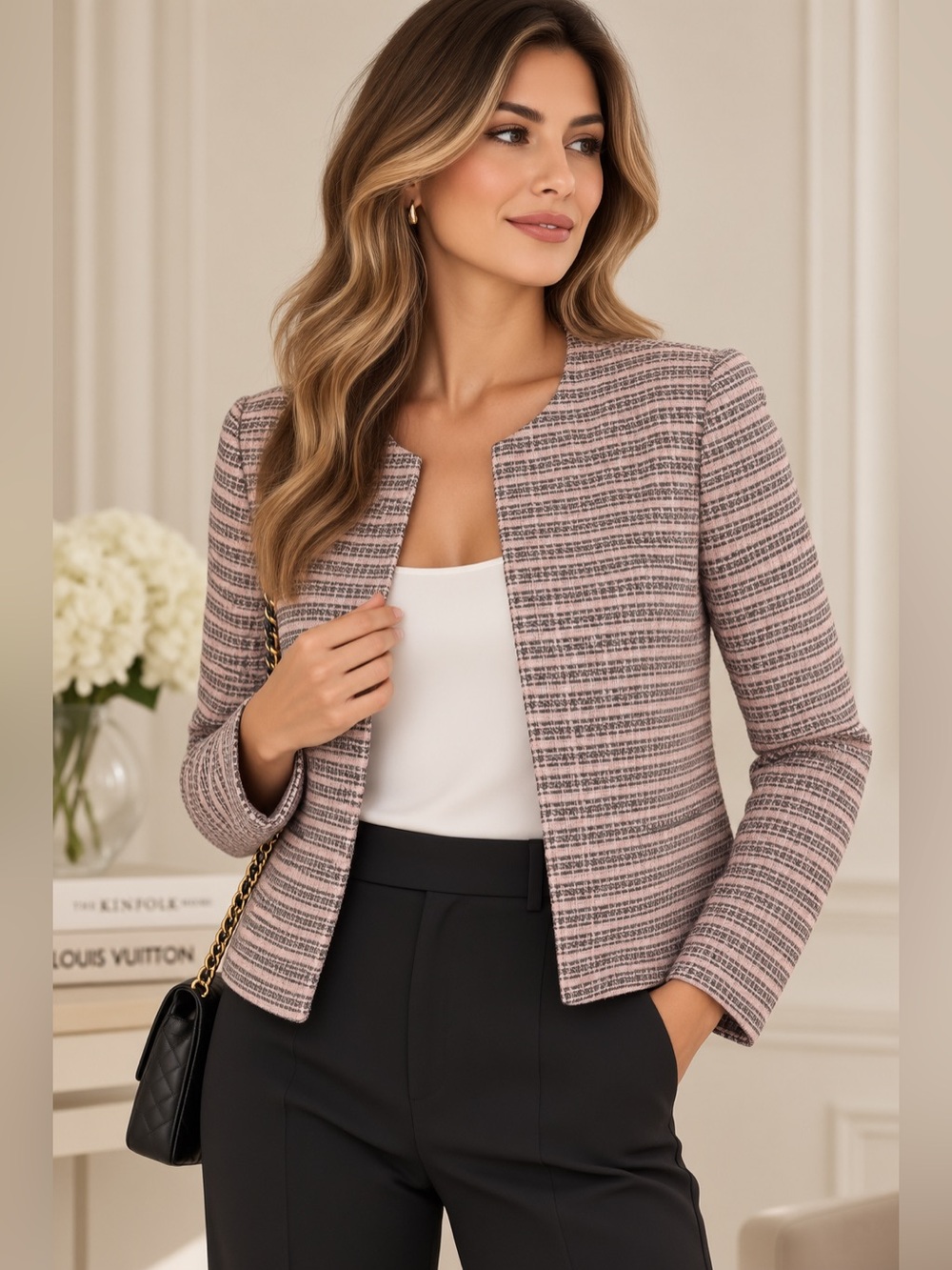 Tahari Pink Tweed Collarless Women Blazer -Gorgeous shape and color ✨